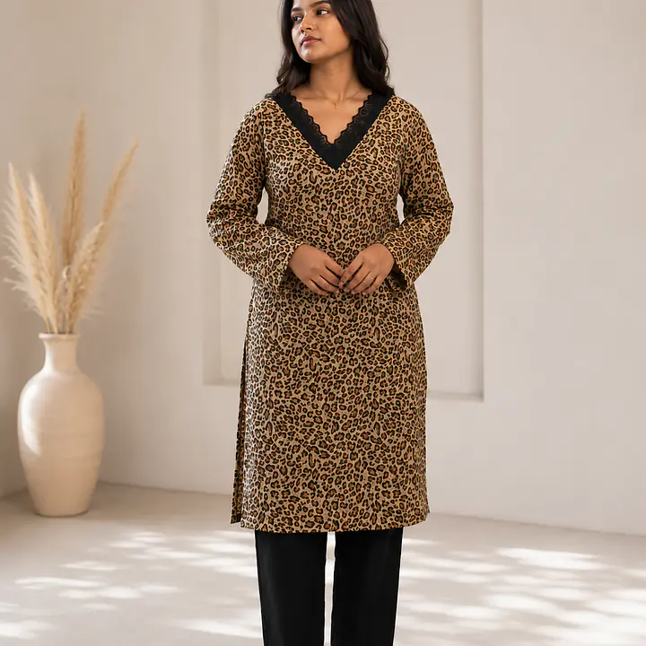LARA LEOPARD LACE KURTI- SLEEVES - Master