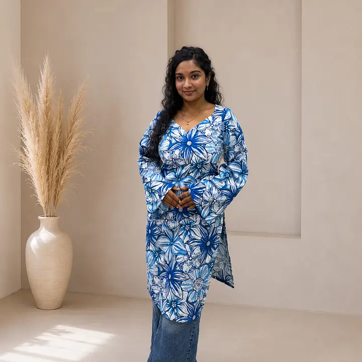 NEELA ALAI FLORAL LONG KURTI- BELL SLEEVE - Master